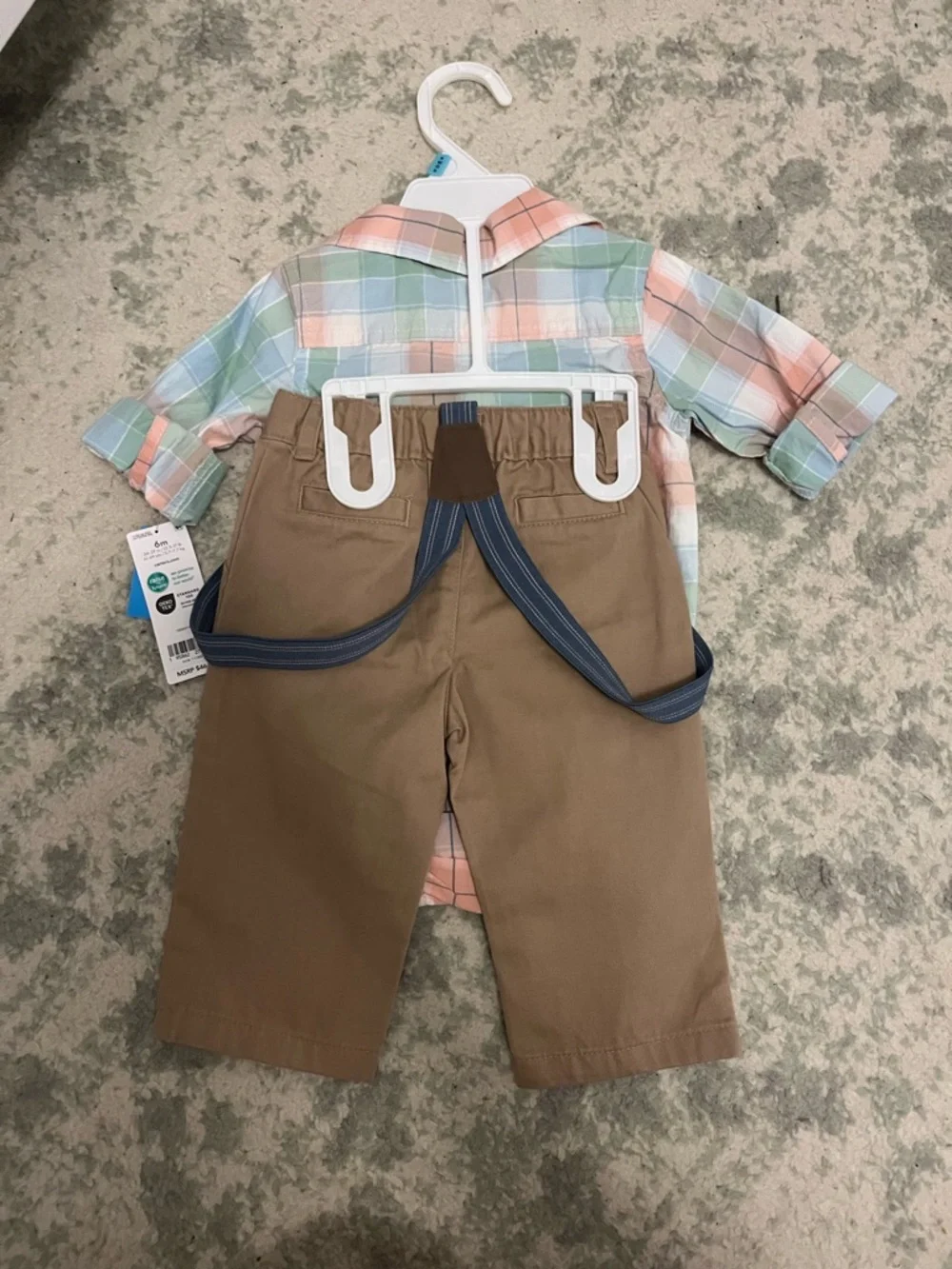 NWT Carter’s Outfit Set Plaid Button Up Khaki Pants Suspenders Pastel